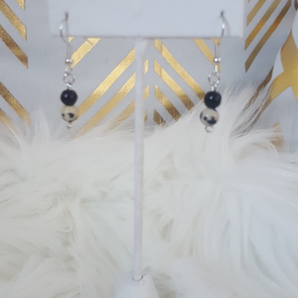 Handcrafted black and dalmation beaded dangle earr